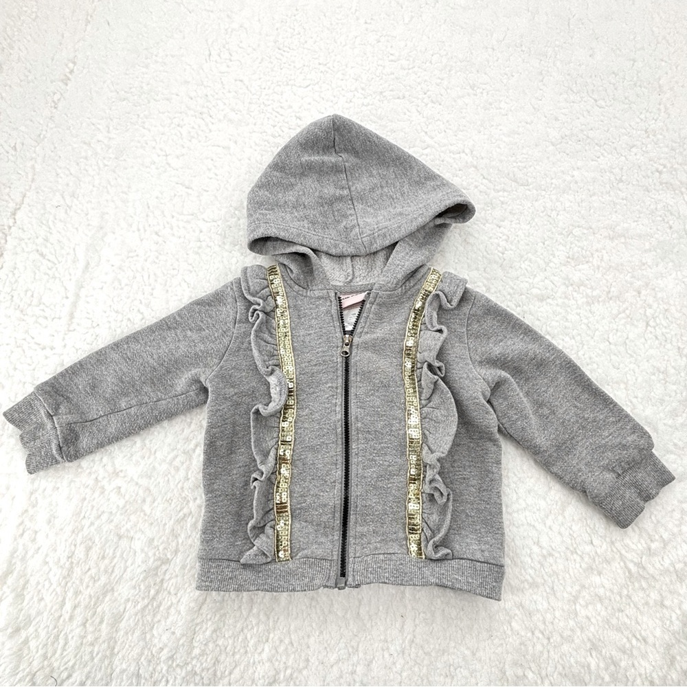 Little Lass GREY HOODIE w RUFFLES AND GOLD SEQUINS & JEGGINGS FOR 12 MONTHS